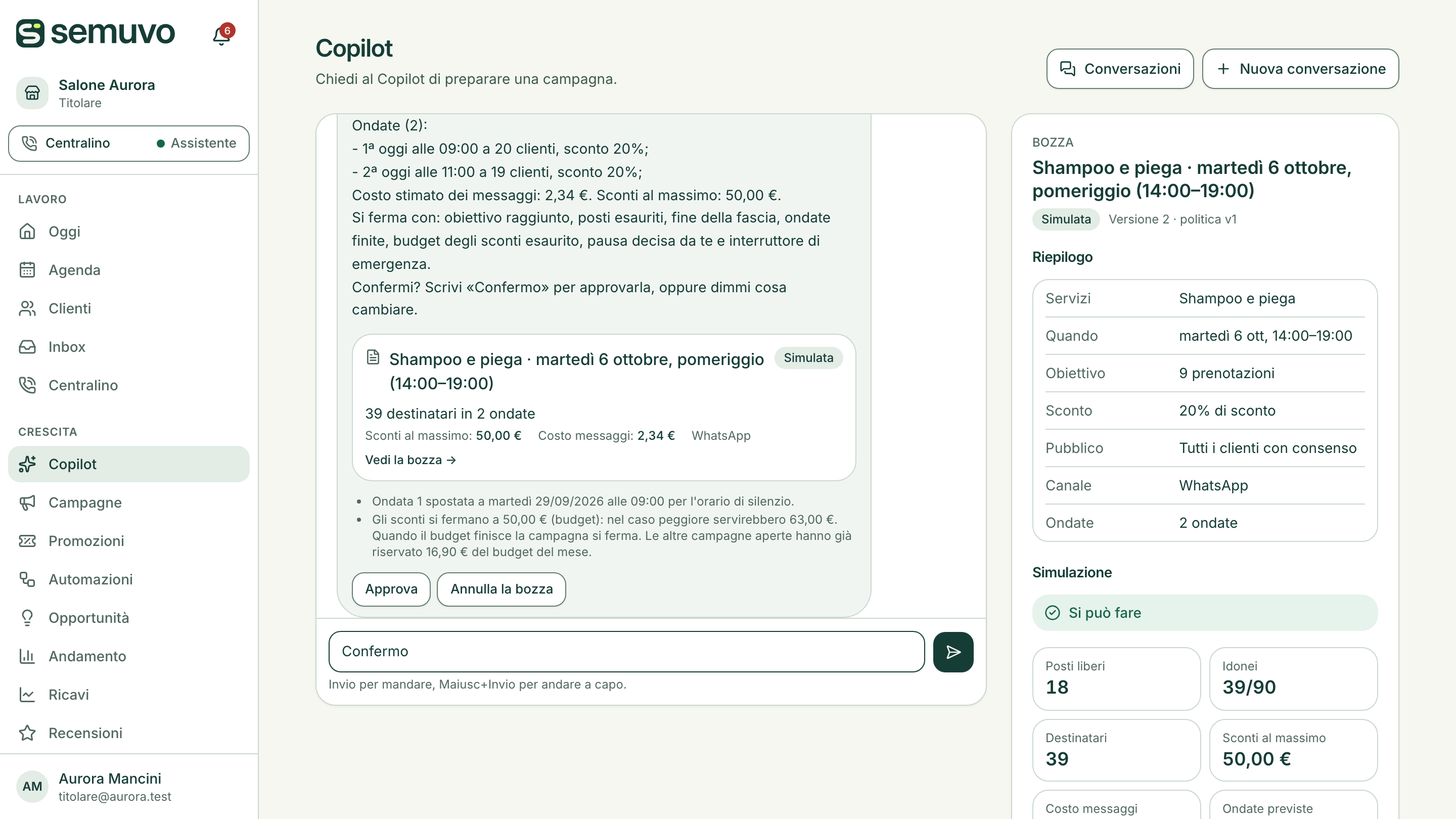 Schermata reale del Copilot Semuvo: bozza di campagna con destinatari e budget da approvare